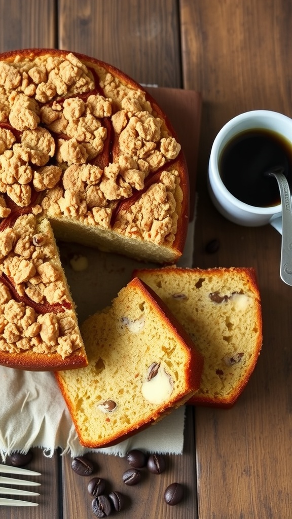 A slice of Double-Crumb Sourdough Discard Coffee Cake with a crunchy topping, served with a cup of coffee.